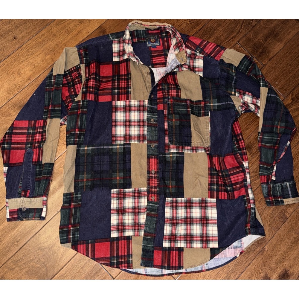 Vintage Chaps Ralph Lauren Patchwork Plaid Flannel Shirt XL 100% Cotton